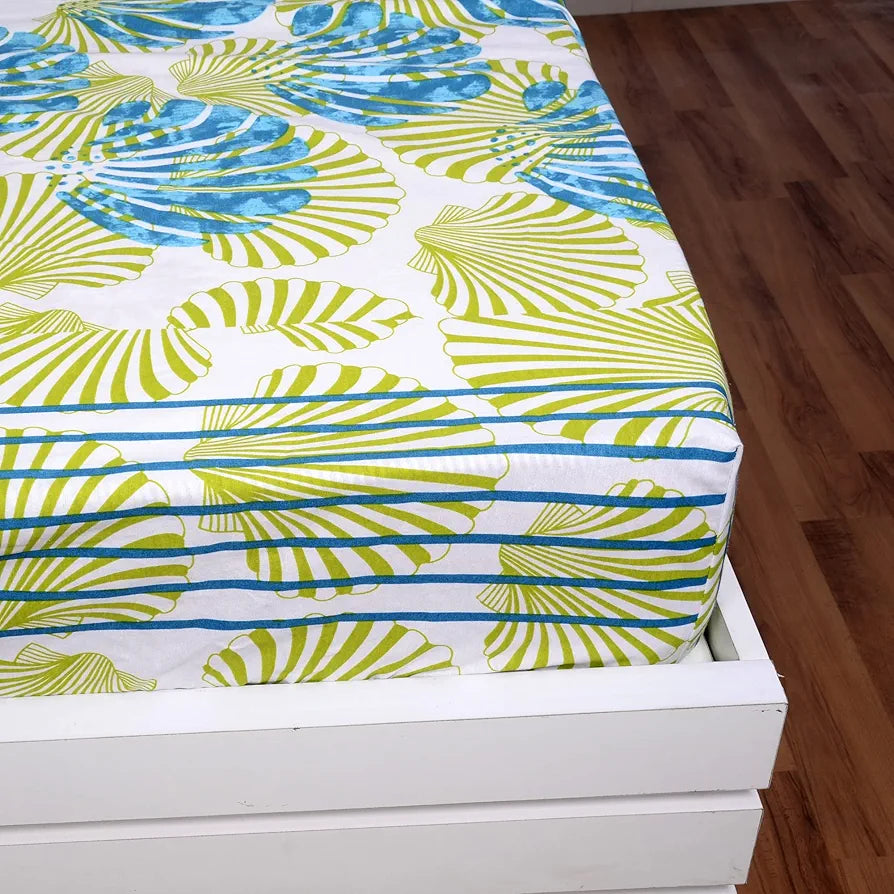 Divine Casa Cotton Acid Lime Bedsheet for Double Bed Elastic Fitted with 2 Pillow Covers  Calming Shells