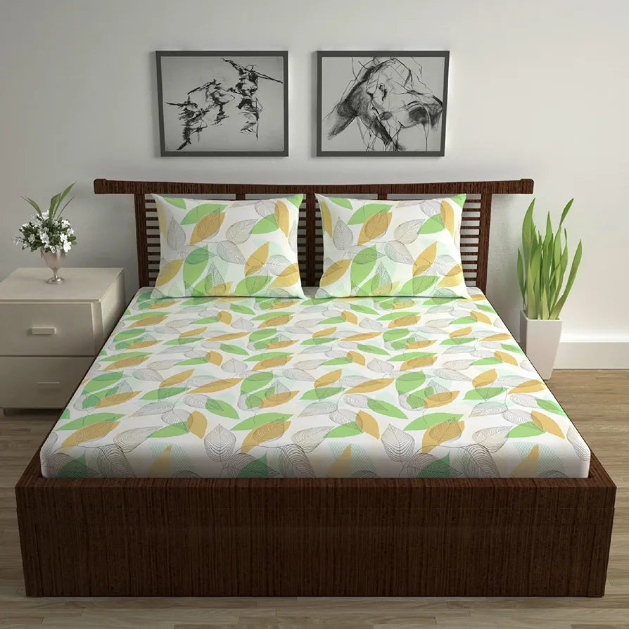 Divine Casa Double Size Bedsheet for Double Bed, 144 TC Pure Cotton Queen Size with 2 Pillow Covers | 222 by 254 cm | Floral | Sage & Mustard