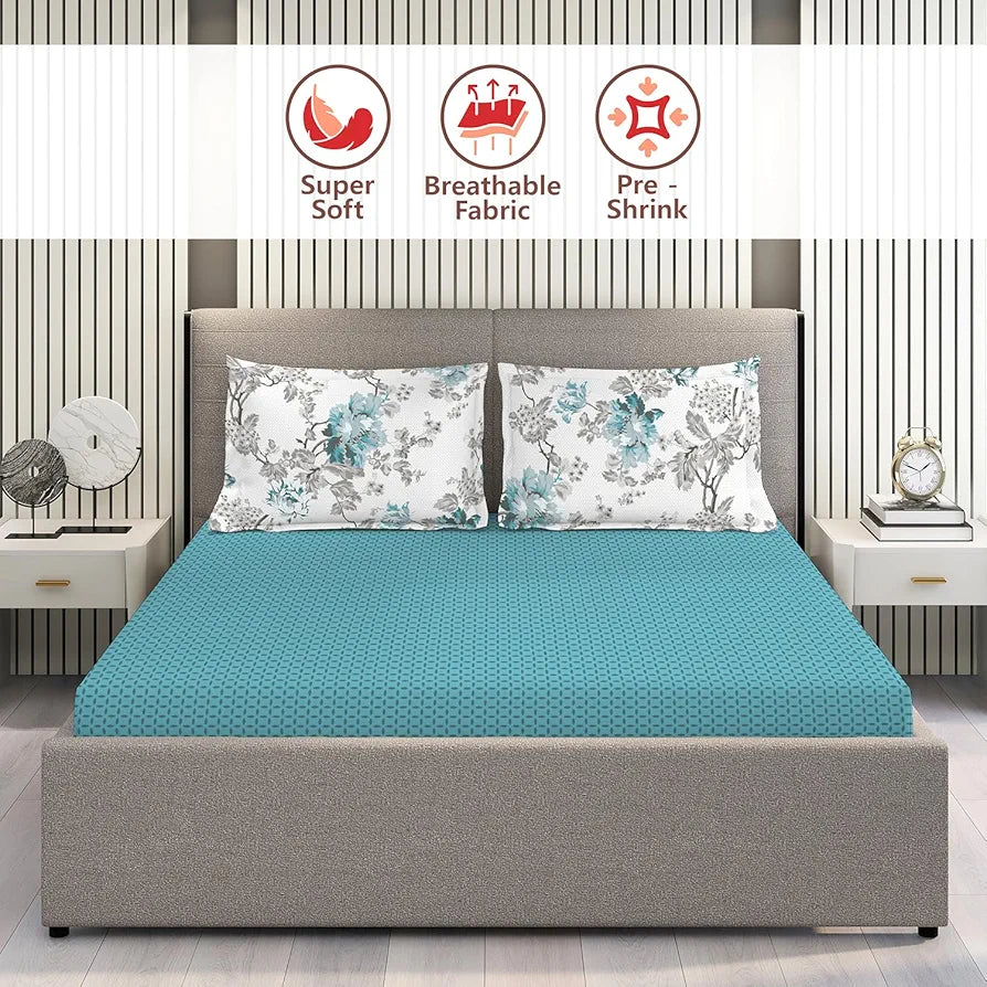 Layers Illuminating Homes 100% Cotton Bedsheet Set for All Seasons - Lightweight, Moisture Absorbent, Machine Washable & Easy to Care - 144 TC - Queen Size 