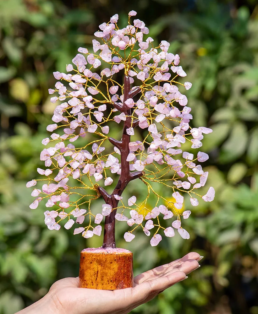 Hindcraft Rose Quartz Crystal Tree Home Decor Showpieces for Good Luck Money Crystal Tree Gift Items Office Bedroom Decor Wedding Gift, Golden Wire, 10-12 inch