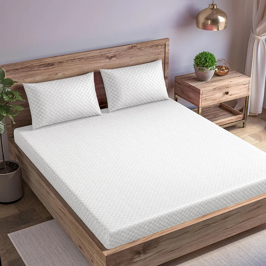 Trance Home Linen 300TC Pure 100% Cotton Queen Size Jacquard Weave Fitted Bedsheet with 2 Pillow Covers - 