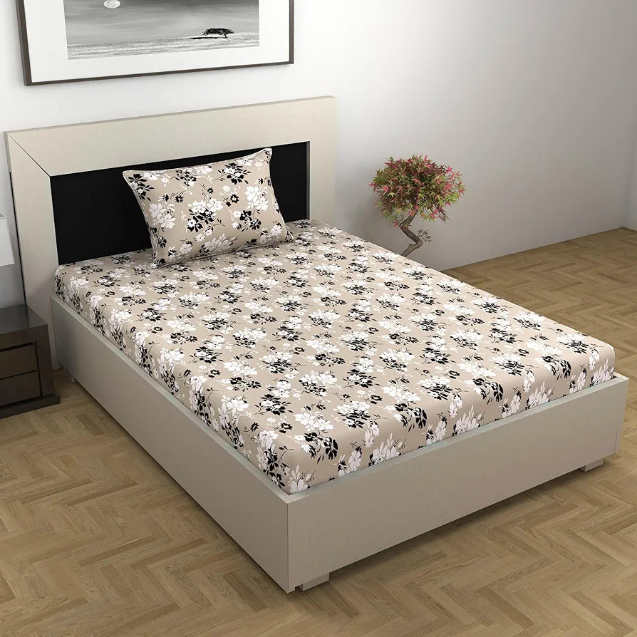 Divine Casa Bedsheet for Single Size Bed 144 TC Cotton Bedsheet for Single Size Bed with 1 Pillow Cover  Floral Beige Sunflower Cotton Bedsheet