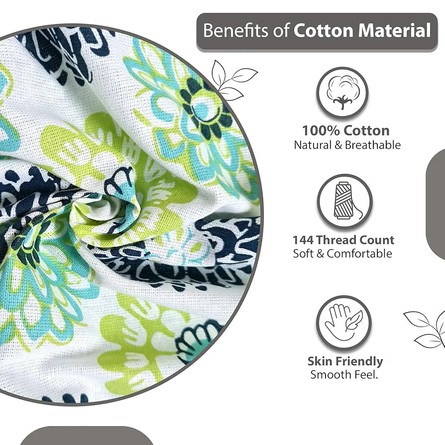Divine Casa Double Size Bedsheet for Double Bed, 144 TC Pure Cotton Queen Size with 2 Pillow Covers | 222 by 254 cm | Floral | Green Blue