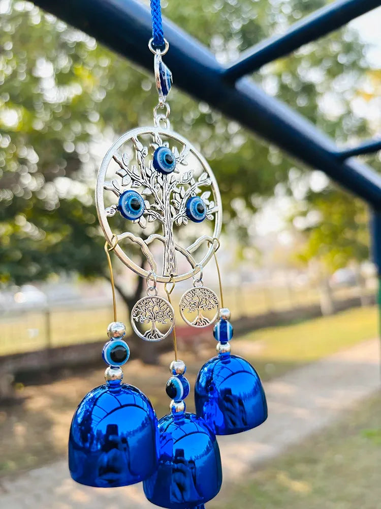 WARMINGO DE Evil Eye Wind Chime 3 Bells for Home & Office - Brings Positive Vibes & Removes Negative Energy | Evil Eye Wind Chime | Evil Eye Tree 3 Bells