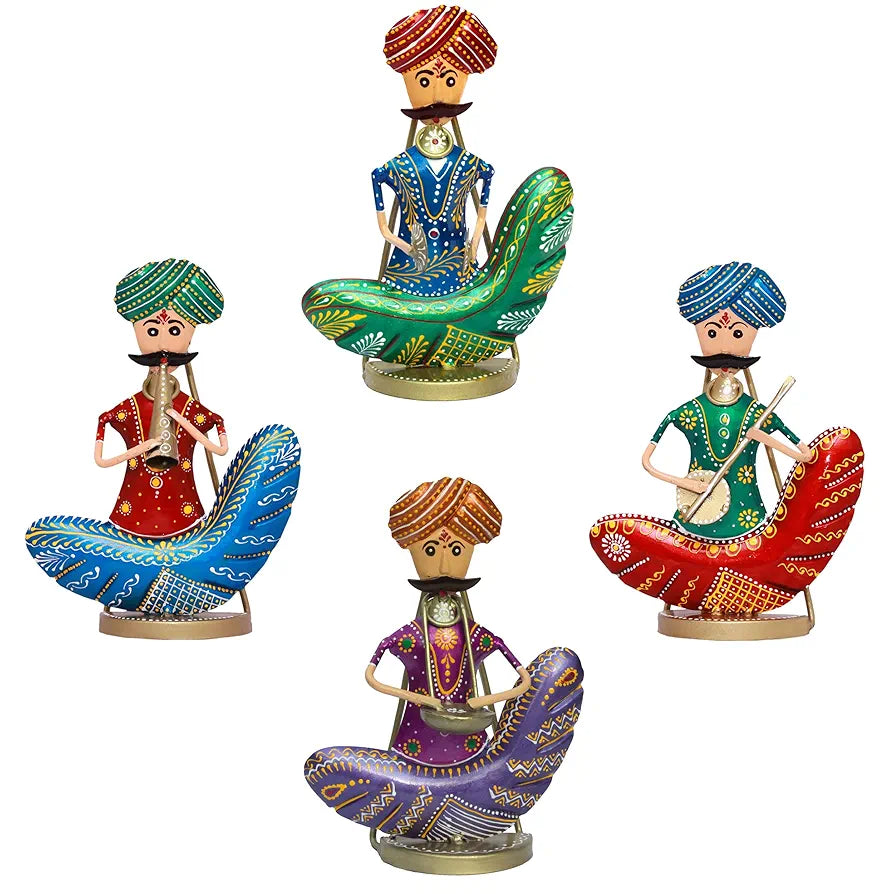 KRAFTSKALA Rajasthani Moustache Musicians - Hand-Painted Decorative Showpiece Set of 4 Musical Statues - Vibrant Tabletop & Wall-Mountable Figurines