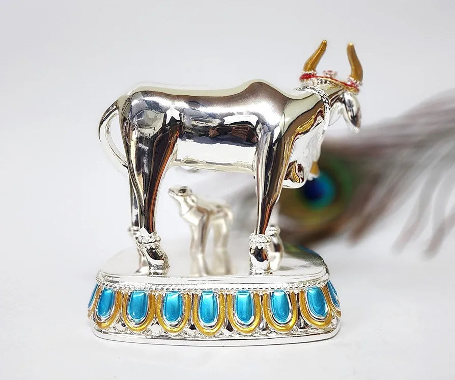 Gold Art India Kamdhenu Cow with Calf 999 Silver Plated Plain | Large Size Vastu & Feng Shui Figurine | Divine Gaumata for Home & Office Decor | Handcrafted with Blue & Gold Accents 