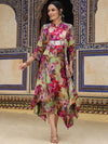 Scakhi Floral Printed Embroidered Detailed Silk A-Line Midi Ethnic Dress