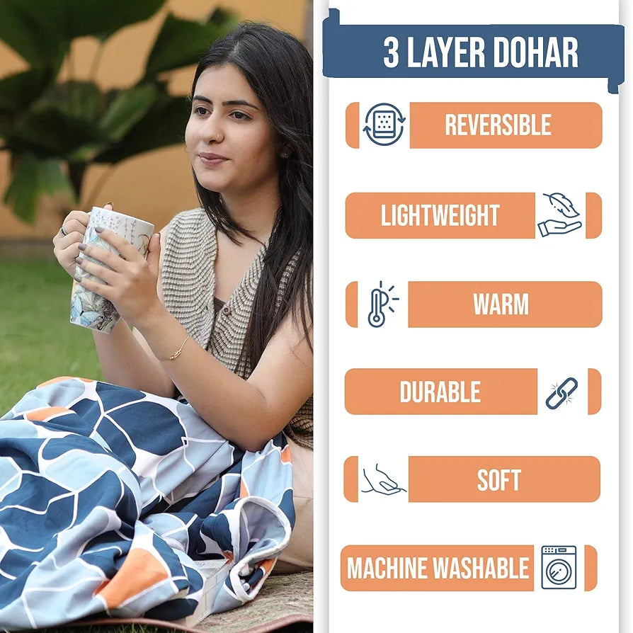 Divine Casa 120 GSM Microfiber Single Kids Dohar  | Soft & Lightweight Throw Blanket | Cozy & Breathable | All-Season Comfort | 140 x 100 CM | Geometric Pattern | Blue-Grey & Orange