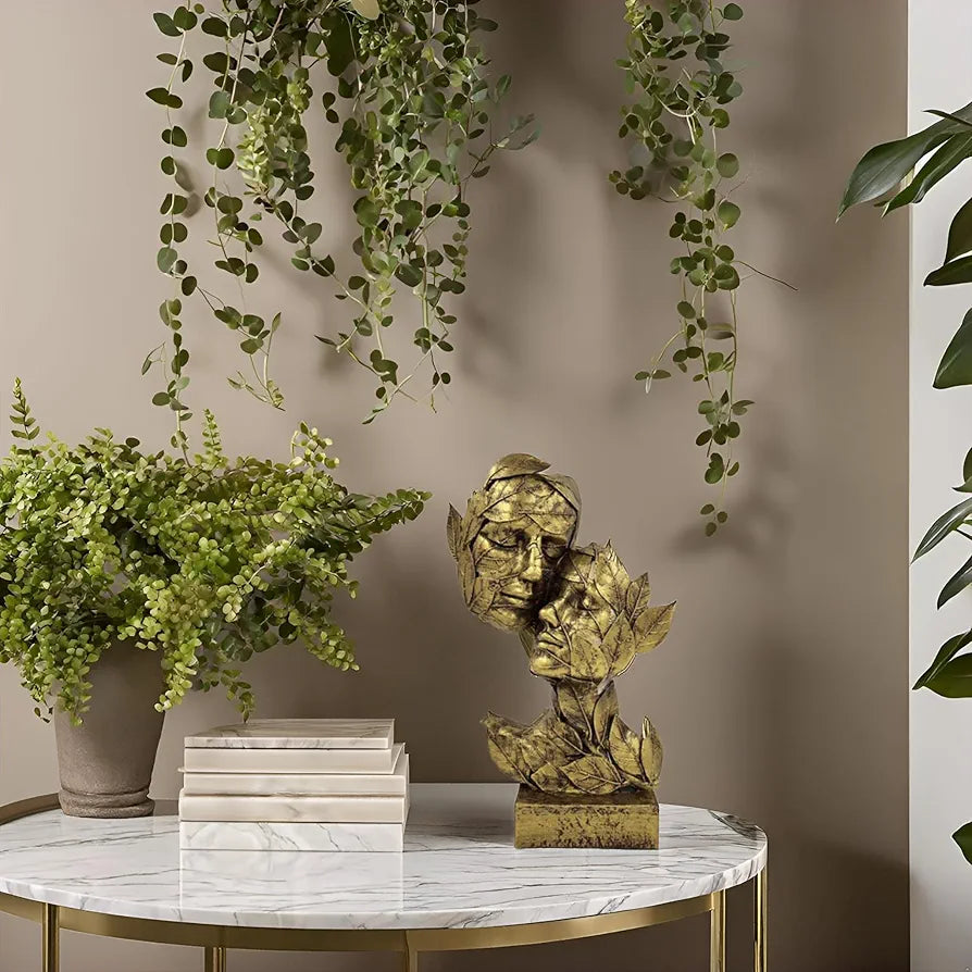 ALILA Golden Leaf Couple Faces Statue Showpiece Idol for Gifting & Home Table Decoration Vastu Lucky, 12.5 Inches Height, Home Decor