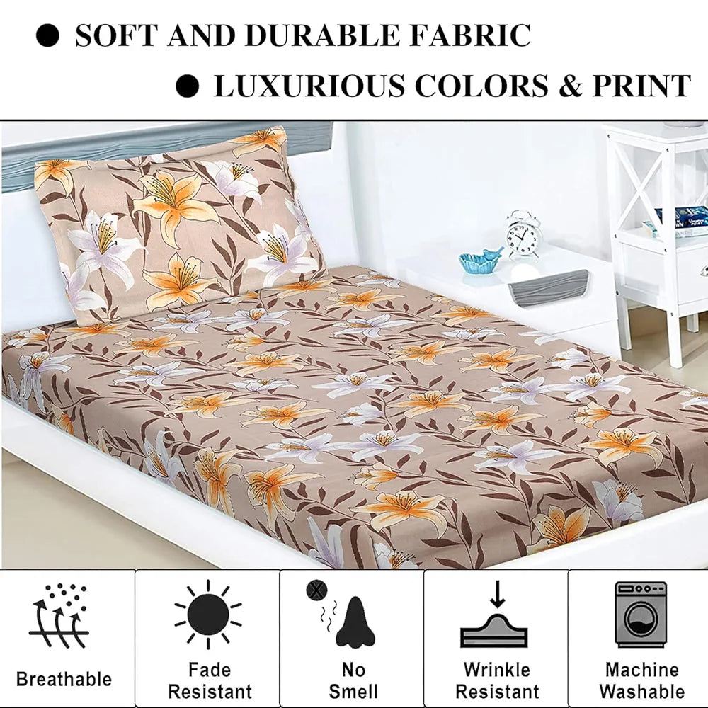 Kuber Industries Cotton Single Bedsheet with 1 Pillow Cover | Wrinkle Free Single Bedsheet for Kids Room | Flower Design | Light Brown