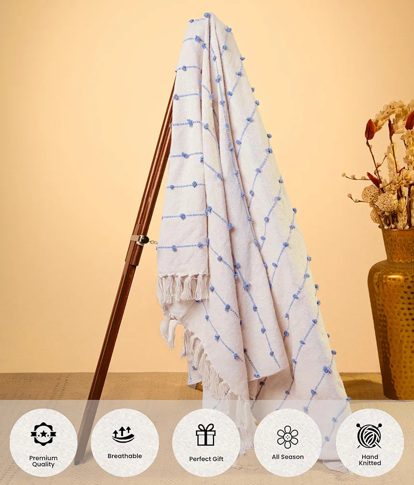 SAJAVAT HOME Hand-Knitted Pure Cotton Sofa Throw | 80x52 Inches/204x132 Cm | Beige & Blue Throw for Sofa, Bed, Chair & Travel - Ideal for All Season | Pack of 1