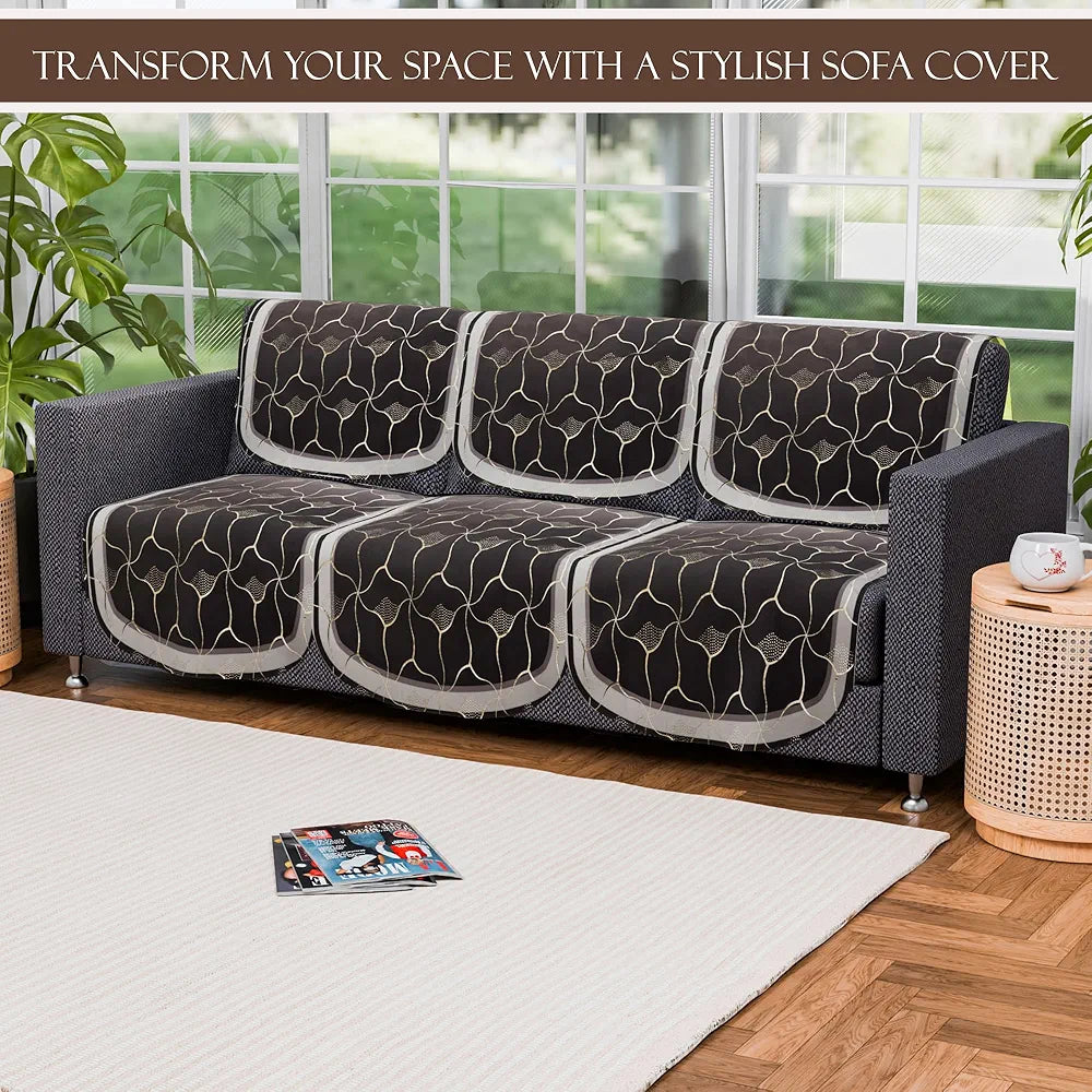 Kuber Industries Set of 6 Durable 3 Seater Sofa Cover for Living Room | Easy Machine Washable Sofe ke cover for Protection & Comfort for Home Furniture | Arabica Look - Brown & Golden Foil