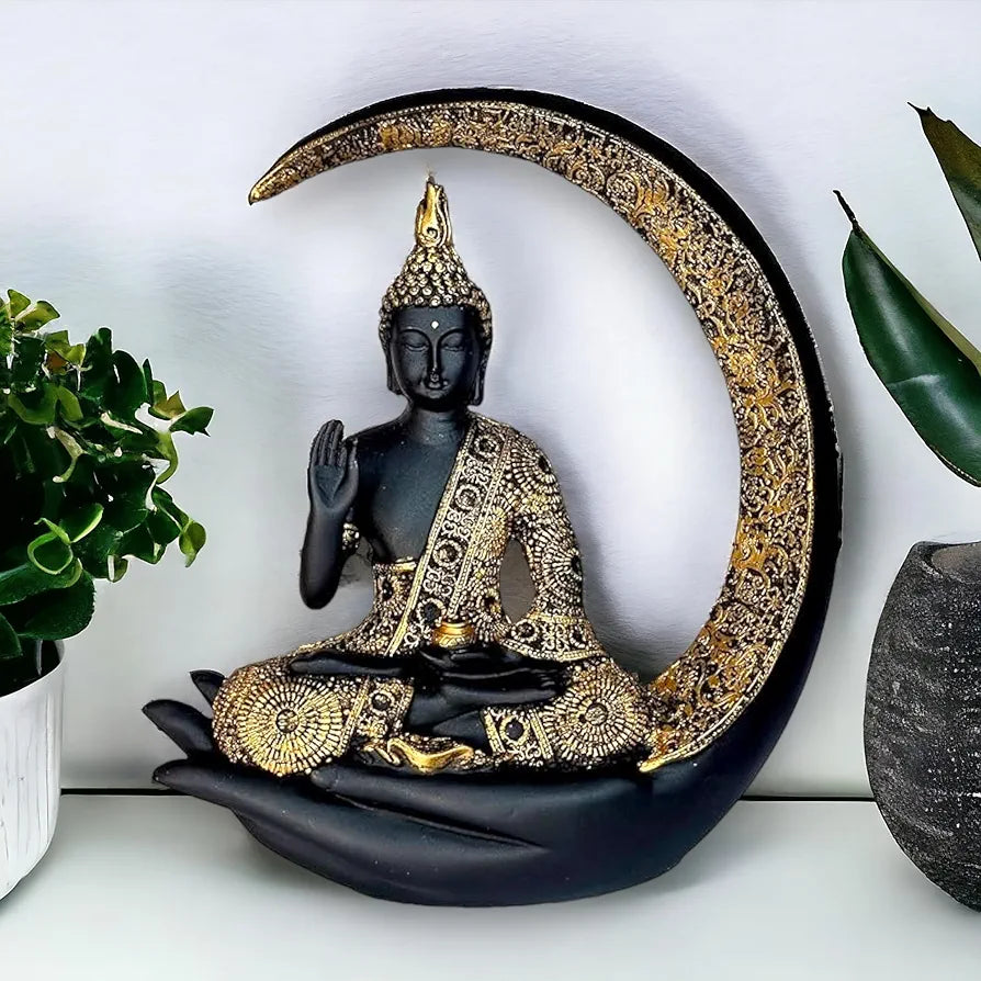 NEELAYA Antique Big Meditating Moon Buddha Statue Showpiece for Home Decor - Living Room - House Warming - Office - Gifting - Buddha Idol Polyresin Decorative Figurine 