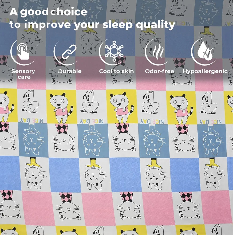 FRESH FROM LOOM Hypoallergenic Glace Cotton Kids Elastic Fitted Bedsheet,Rotary Printed,Wrinkle Free With 2 Pillow Covers,Aqua Pink,Nice Day),Double Bed,300 TC