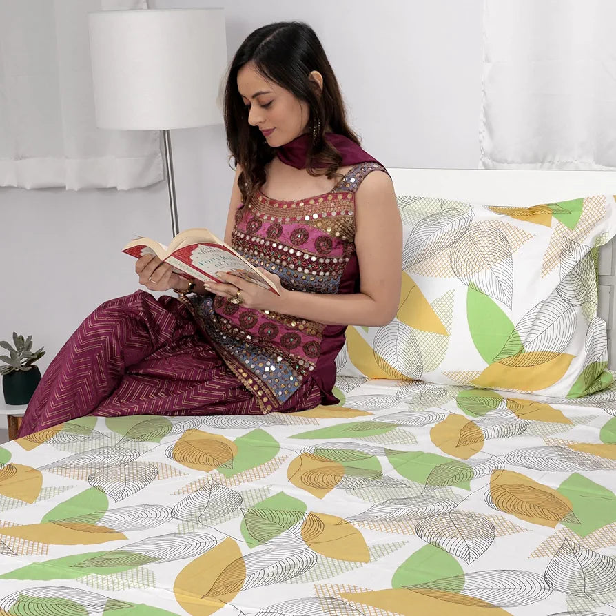 Divine Casa Double Size Bedsheet for Double Bed, 144 TC Pure Cotton Queen Size with 2 Pillow Covers | 222 by 254 cm | Floral | Sage & Mustard