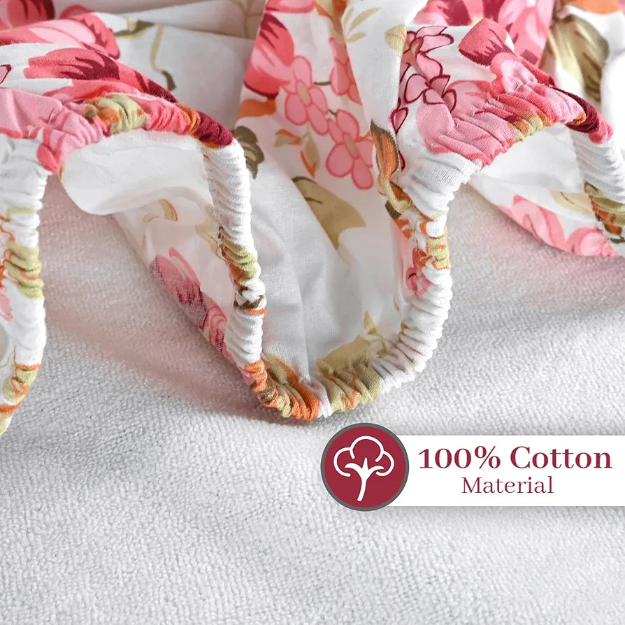 Divine Casa Floret 100% Cotton King Fitted Bedsheet | 144 TC | Deep Pocket Design | Soft & Breathable Fabric | Durable & Easy Care | 200 x 185 + 25 CM, Rosy Retreat