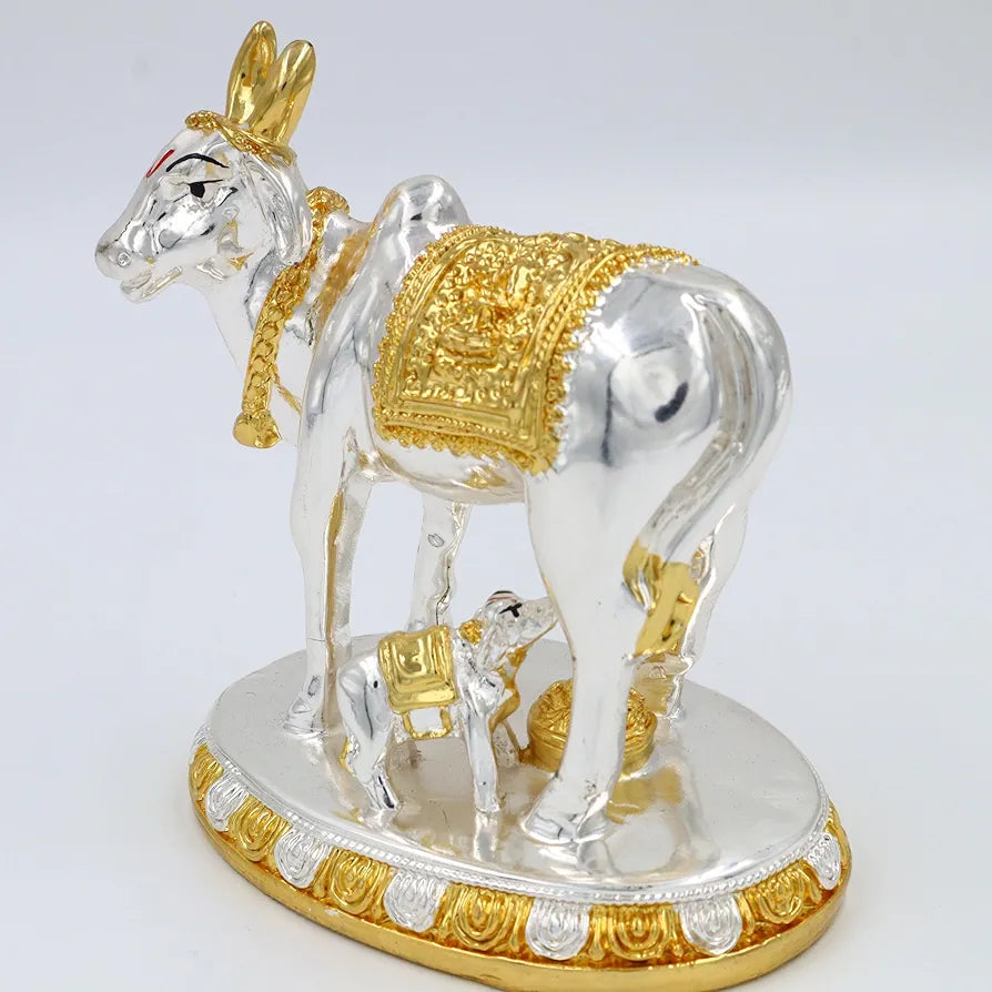 JAIPUR ACE Kamdhenu Cow with Calf Statue, Standard Size, Golden   