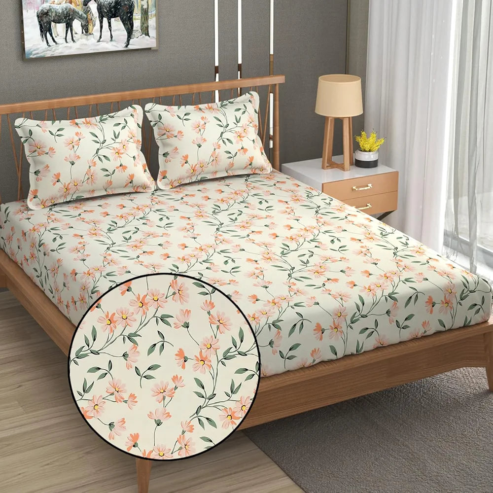 FRESH FROM LOOM King Size Microfiber Floral Print Fitted Bedsheet - 240 TC, Hypoallergenic, Includes 2 Pillow Covers  | Barely-Peach)