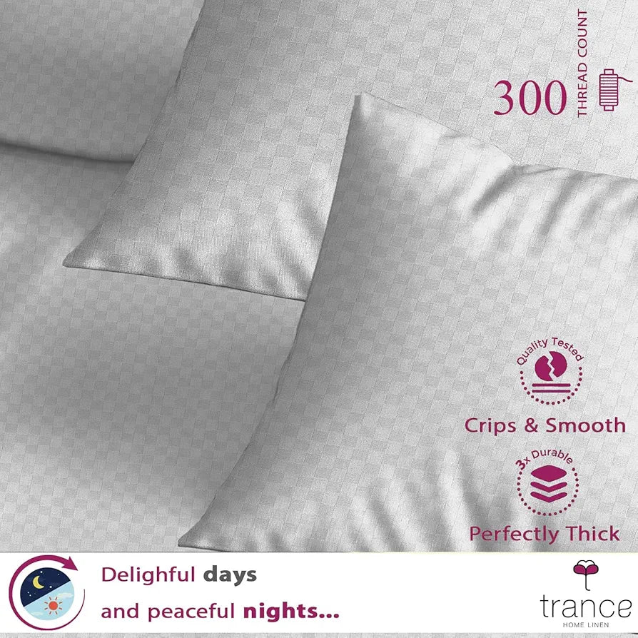 Trance Home Linen 300TC Pure 100% Cotton Queen Size Jacquard Weave Fitted Bedsheet with 2 Pillow Covers - 