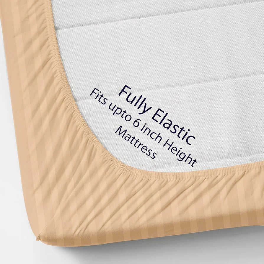 Homefab India 160 TC Stripe Cotton Feel Glace Cotton Elastic Fitted King Size Double Bed Bedsheet with 2 Pillow Covers Fits Upto 6 inches Mattress, Size-72X78 inches, Peach