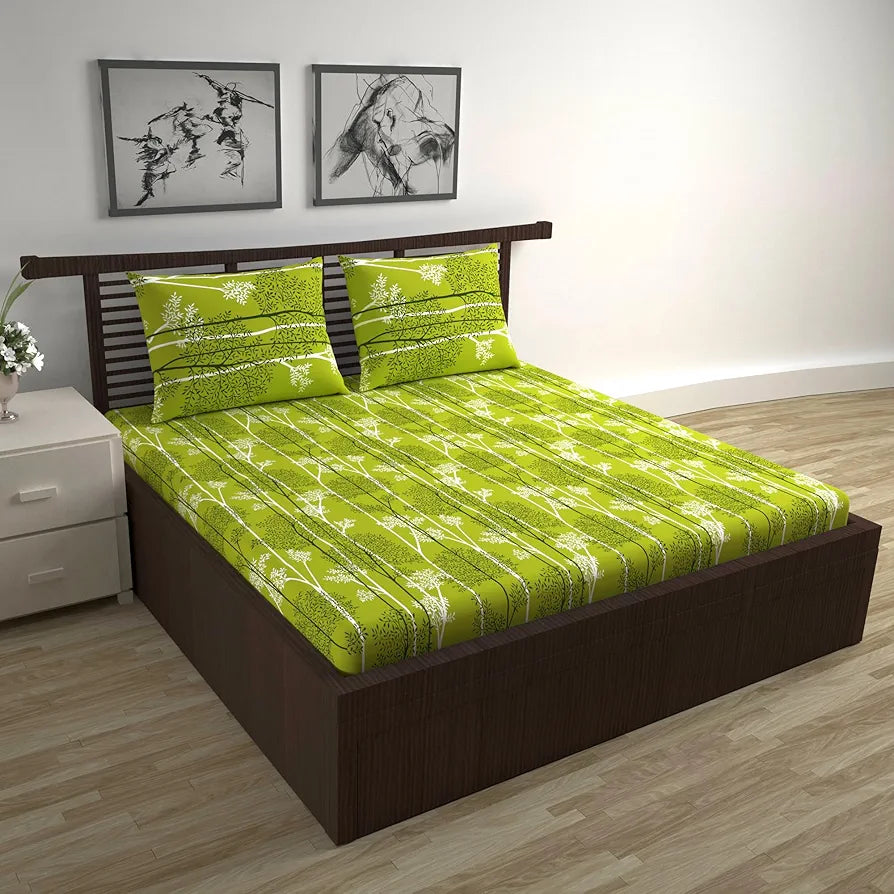 Divine Casa 144 TC 100% Cotton Double Bedsheet with 2 Pillow Covers | Skin-Friendly Fabric for Everyday Comfort | 254 X 222 CM | Floral Pattern | Tree Green