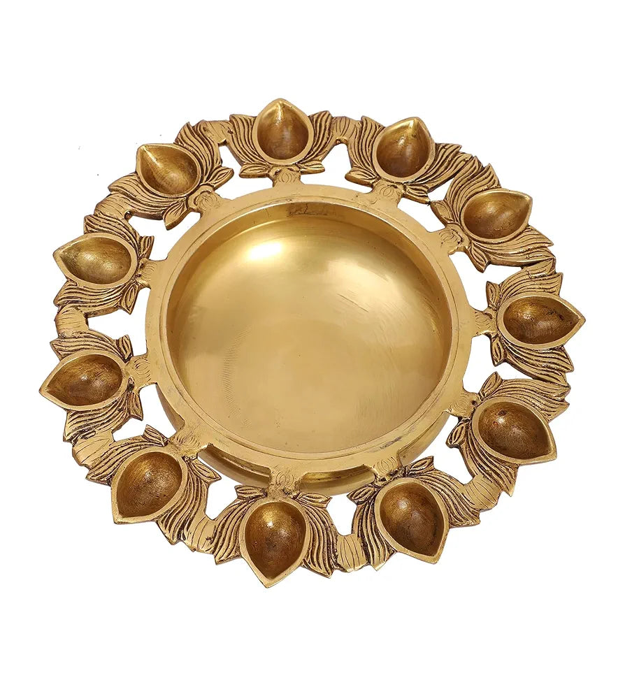 Two Moustaches 9.5 Inches Brass Urli Bowl with Lotus Design 11 Diyas,Urli for Flowers, Urli for Home Decor, Brass Decorative Urli Bowl, Housewarming Gifts, Antique Yellow, Weight - 2.14 Kg,Pack of 1