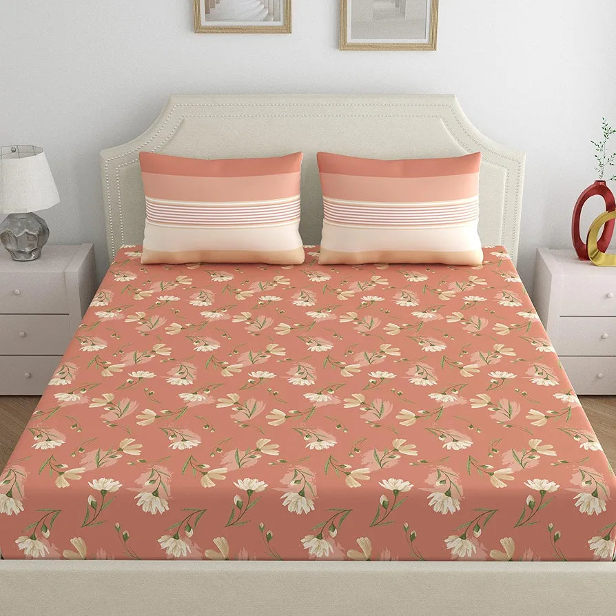 Dreamscape 100% Cotton Double Bedsheet for Double Bed, 140 TC, 1 Bed Sheet  with 2 Pillow Covers, Brown