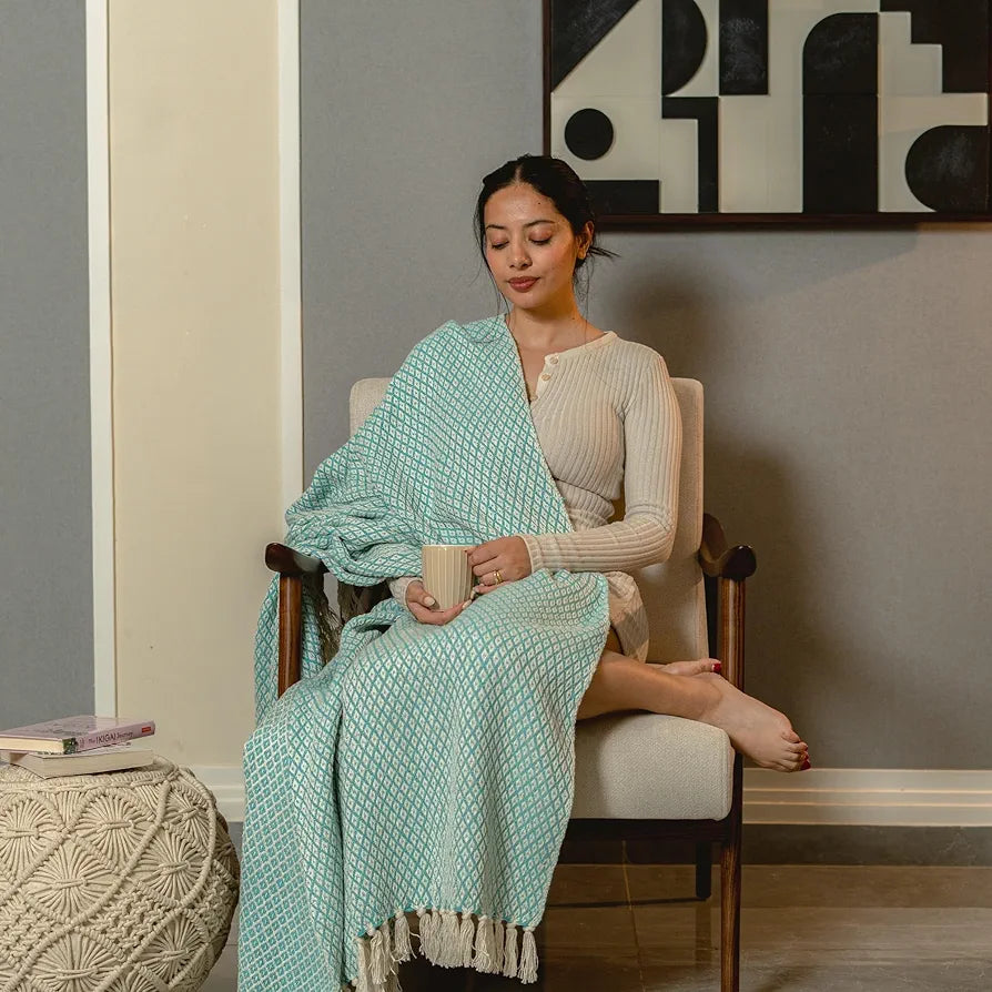 SASHAA WORLD Soft Throw Blanket | Used Both Indoor and Outdoor |Blanket for Living Room, Sofa, Bed & Chair | Ice Blue & White Throw Blanket| Pack of 1, 160 x130 cm| Cotton| Skin_Friendly