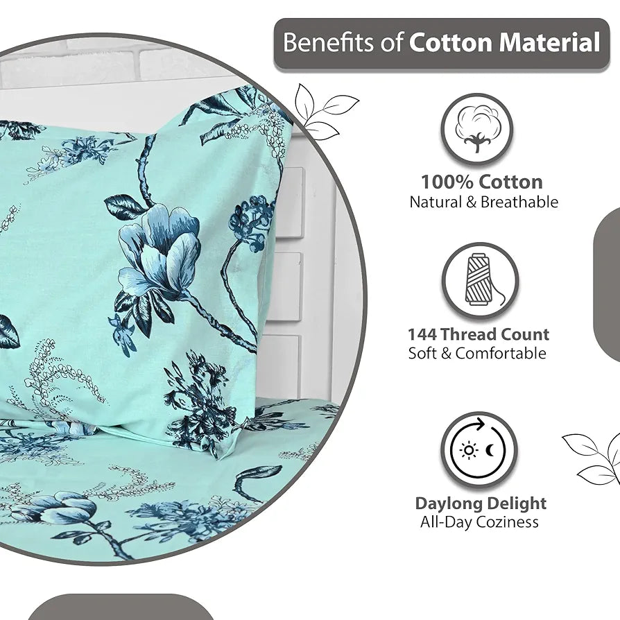 Divine Casa Bedsheet for Single Size Bed 144 TC Cotton Bedsheet for Single Size Bed with 1 Pillow Cover  Floral Frost Blue Cotton Bedsheet