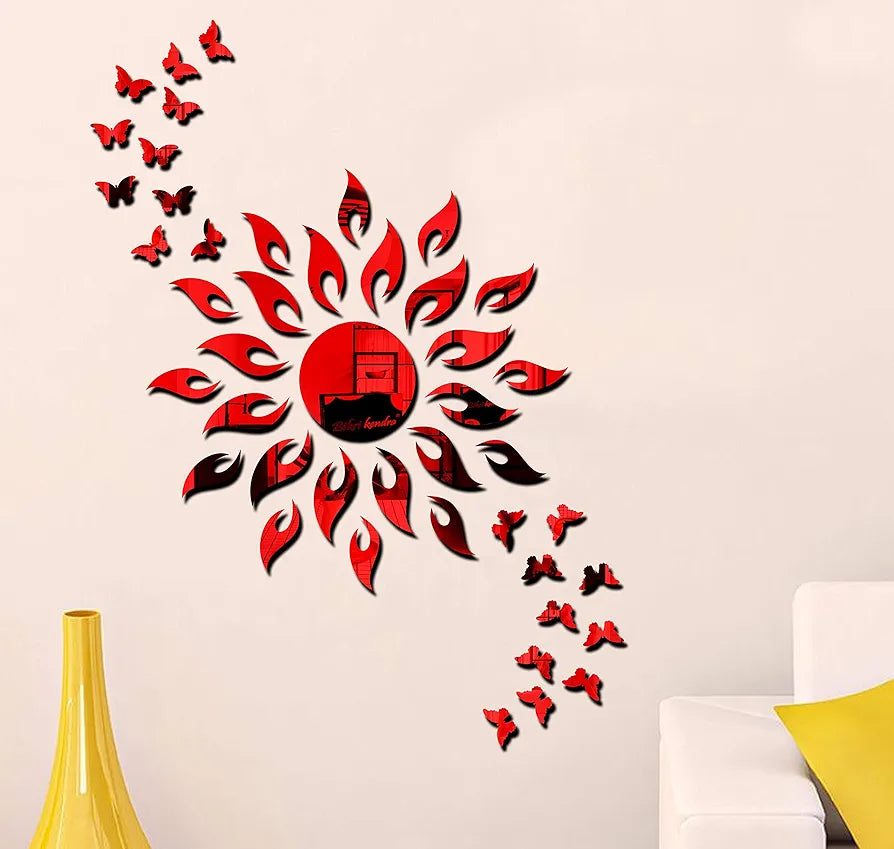 Bikri Kendra - Sun Red with 20 Black Butterfly - 3D Acrylic Mirror Stickers for Wall