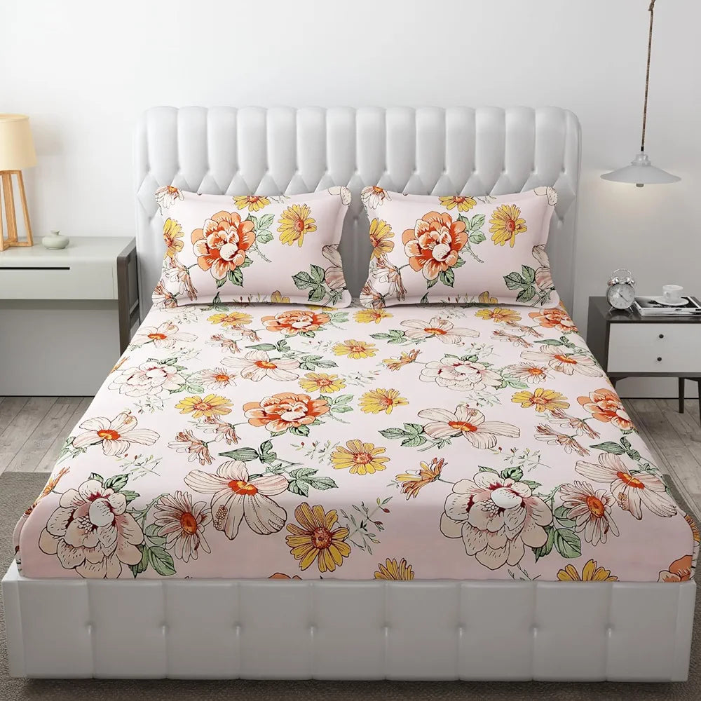 FRESH FROM LOOM Elastic Fitted Floral Bed Sheets | Bed Covers for Mattresses Tuck in | King Size Soft Glace Cotton Fitted Bedsheet with Two Pillow Cover | , 144 TC