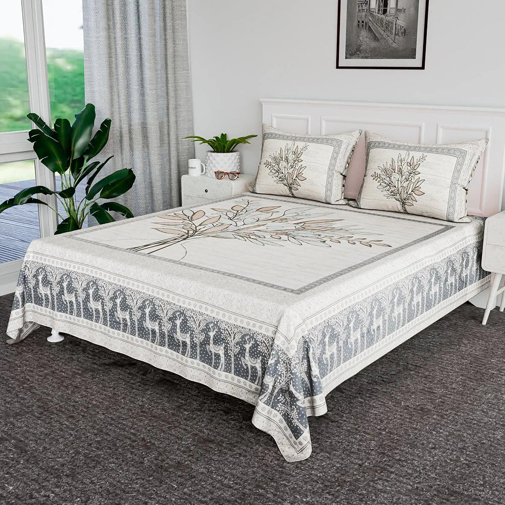 Kuber Industries 100x108 Inch Cotton Bedsheets for Double Bed with 2 Pillow Covers | Easy to Wash & Maintain Double Bedsheet Cotton Fabric for Daily Use | Photo Frame Tree Print - Blue