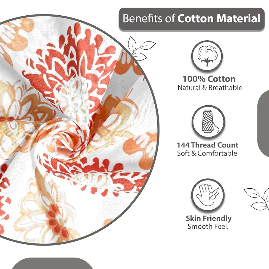 Divine Casa - 144 TC Super Soft 100% Cotton Bedsheet for Double Bed  144 Thread Count - Floral, Red Orange| 222 x 254 cm
