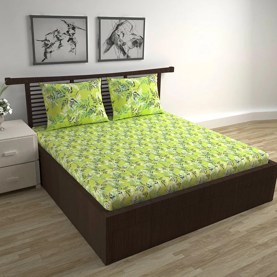 Divine Casa - 144 TC Super Soft 100% Cotton Bedsheet for Double Bed  144 Thread Count - Floral, Lime Breeze| 222 x 254 cm