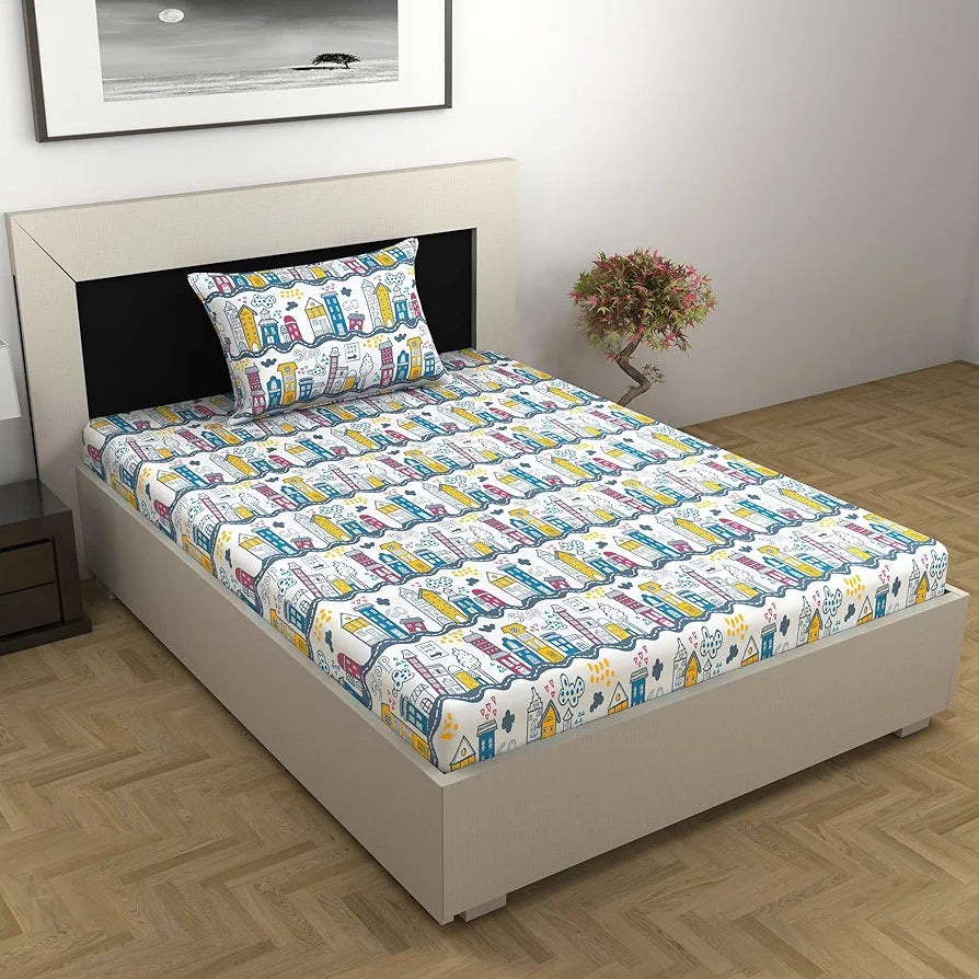Divine Casa 144 TC 100% Cotton Single Bedsheet with 1 Pillow Cover | Skin-Friendly Fabric for Everyday Comfort | 223 X 145 CM | Abstract Pattern | Heaven White