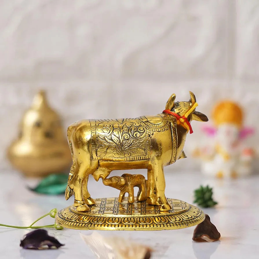 CHHARIYA CRAFTS Oxidized Metal Krishna with Religious Kamdhenu Cow with Calf Handmade Handicraft for Home Decor Gift Item, Gold