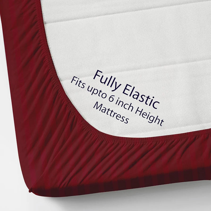 Homefab India 160 TC Stripe Cotton Feel Glace Cotton Elastic Fitted King Size Double Bed Bedsheet with 2 Pillow Covers Fits Upto 6 inches Mattress, Size-72X78 inches, Maroon