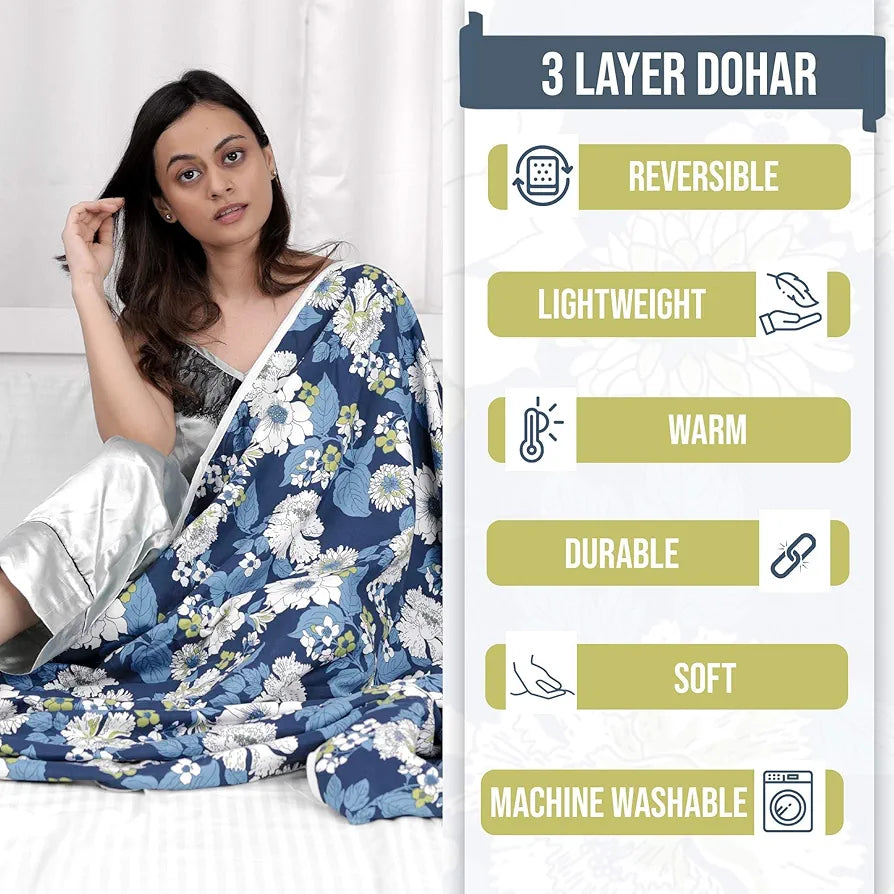 Divine Casa 120 GSM Microfiber Single Kids Dohar  | Soft & Lightweight Throw Blanket | Cozy & Breathable | All-Season Comfort | 140 x 100 CM | Floral Pattern | Galaxy Blue & White