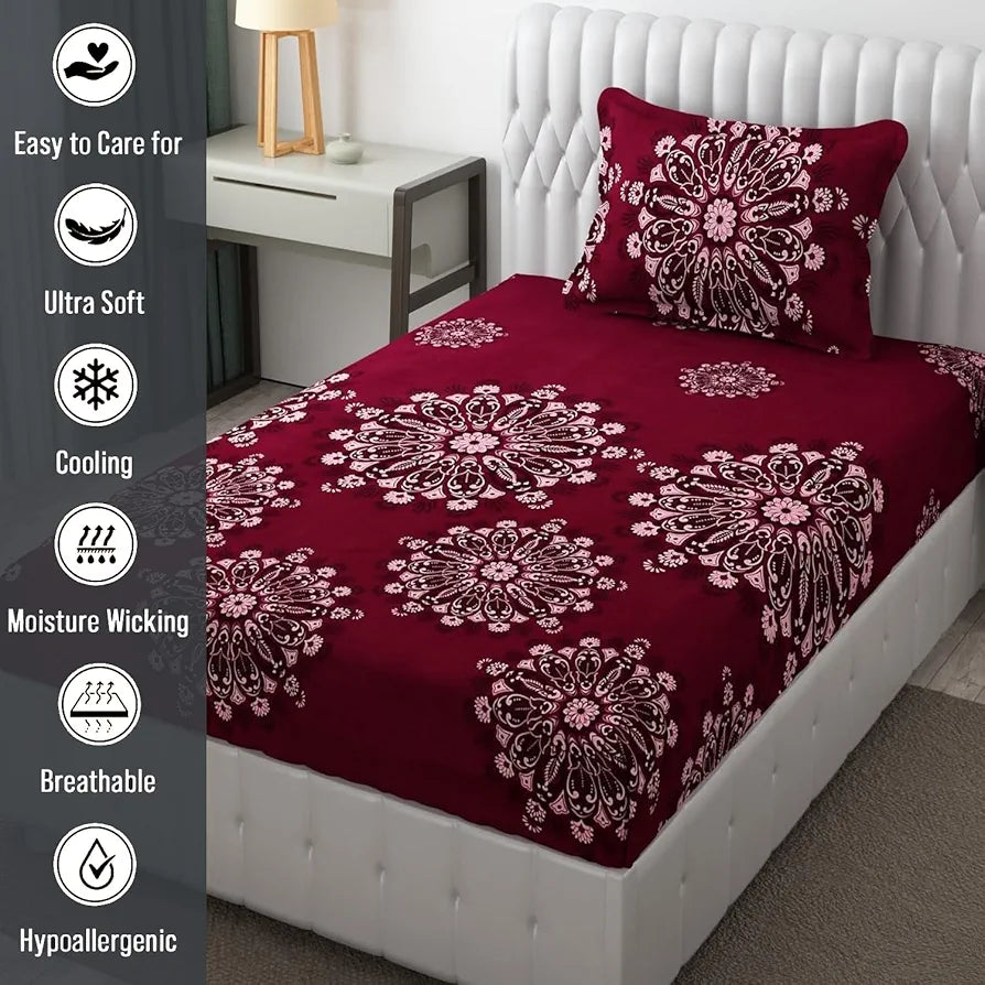 FRESH FROM LOOM Floral Single Bedsheet Size Microfiber Bedsheet Set-Printed, Hypoallergenic, Wrinkle Free with 2 Pillow Covers 144 TC 