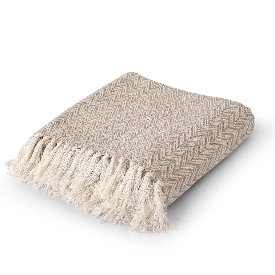 SASHAA WORLD Herringbone Patterned Cotton Woven Throw | Ideal for Your Home Sofa, Bed, and Chair | 180X200 Cm