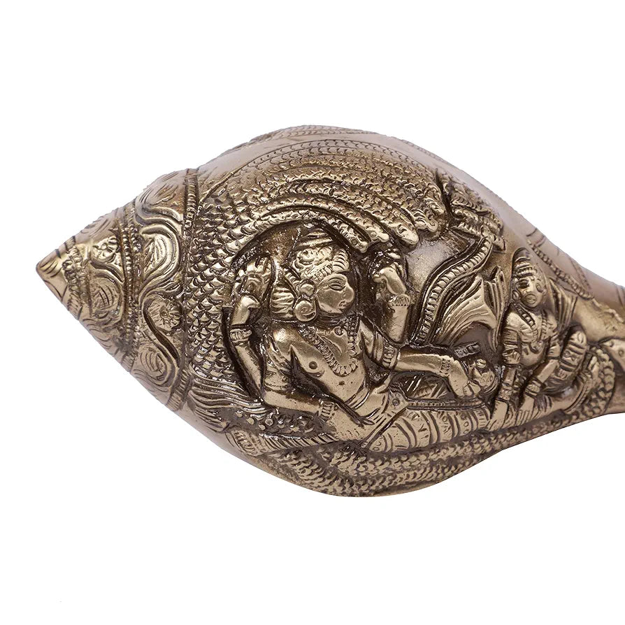 Two Moustaches Brass Shankh with Vishnu Carving