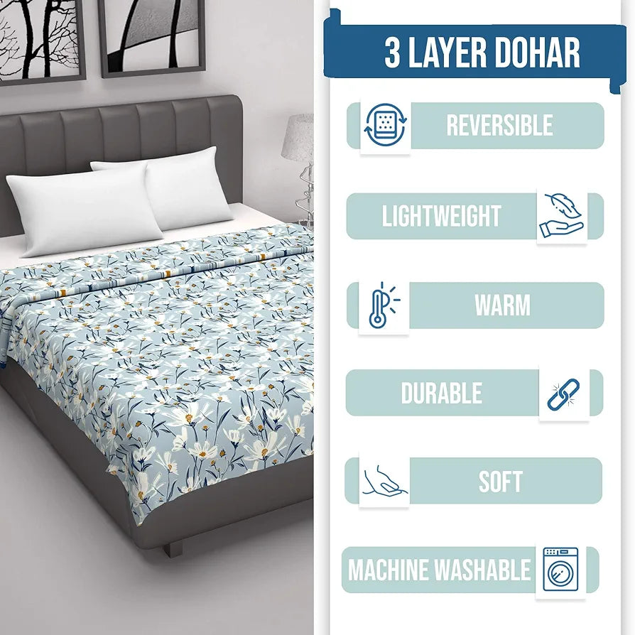 Divine Casa Floret 100% Cotton Double Dohar | 120 GSM | Soft & Lightweight Throw Blanket | Reversible Design | Cozy & Breathable Bedding | All-Season Comfort | 220 x 205 CM, Water Orchid