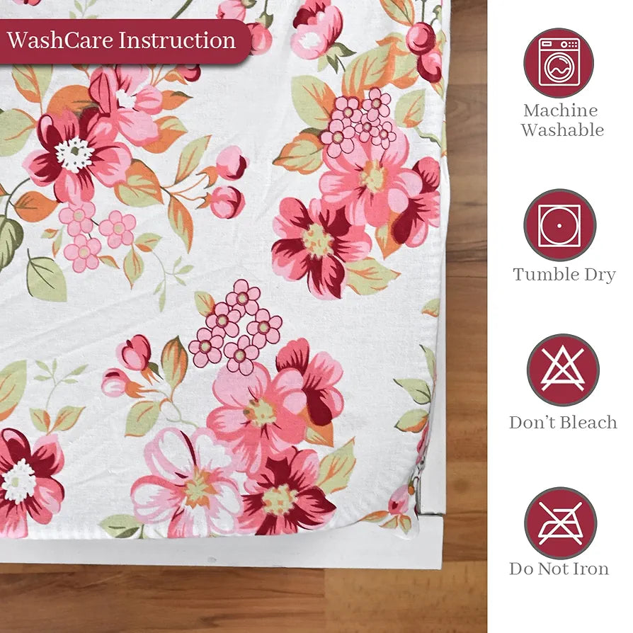 Divine Casa Floret 100% Cotton King Fitted Bedsheet | 144 TC | Deep Pocket Design | Soft & Breathable Fabric | Durable & Easy Care | 200 x 185 + 25 CM, Rosy Retreat