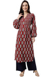 Janasya Women's Maroon Cotton Floral Block Print Straight Kurta