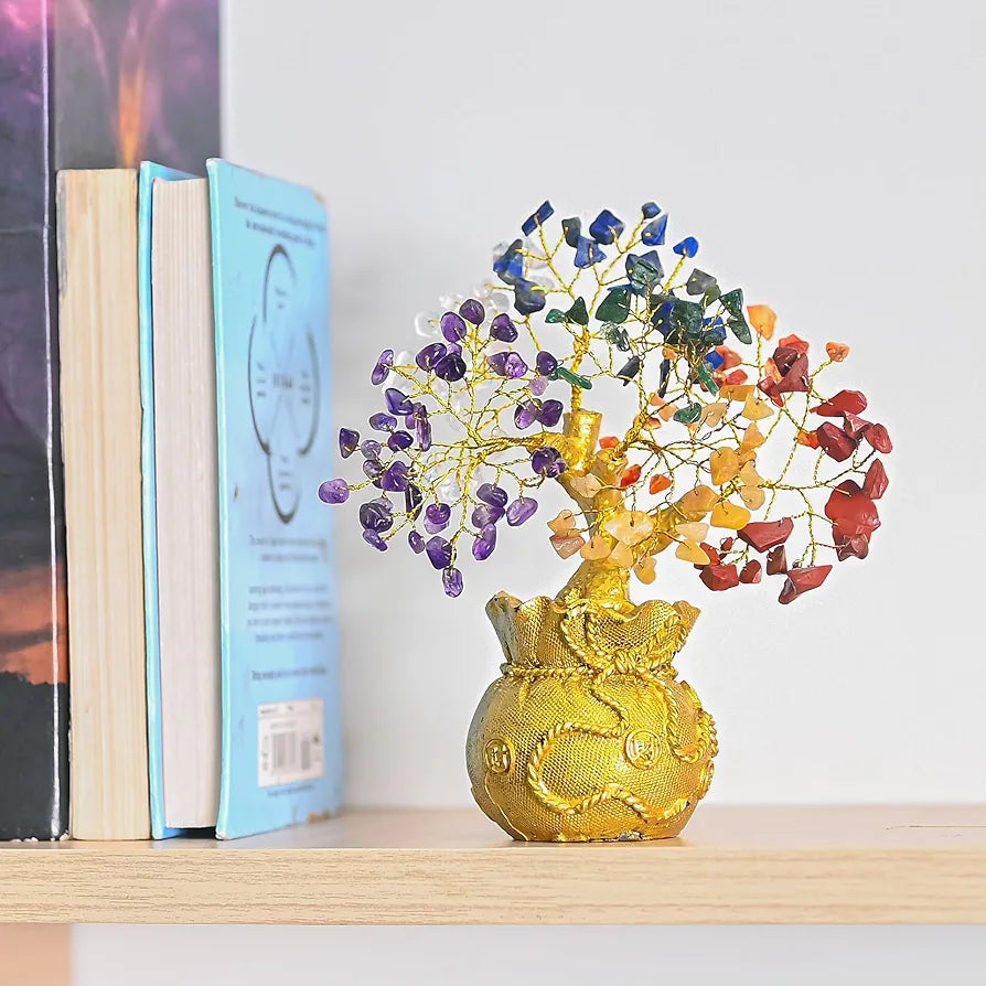 ZAICUS Lucky Feng Shui 7 Chakra Tree with Golden Money Bag Base - Healing Crystal Gemstone Bonsai Tree for Wealth, Prosperity, Positive Energy, and Home Decor, Good Luck Gift - 