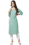 Janasya Women's Light Blue Cotton Ethnic Motifs Straight Kurta