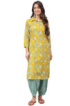 Janasya Women's Mustard Cotton Cambric Floral Printed Kurta with Balloon Pant