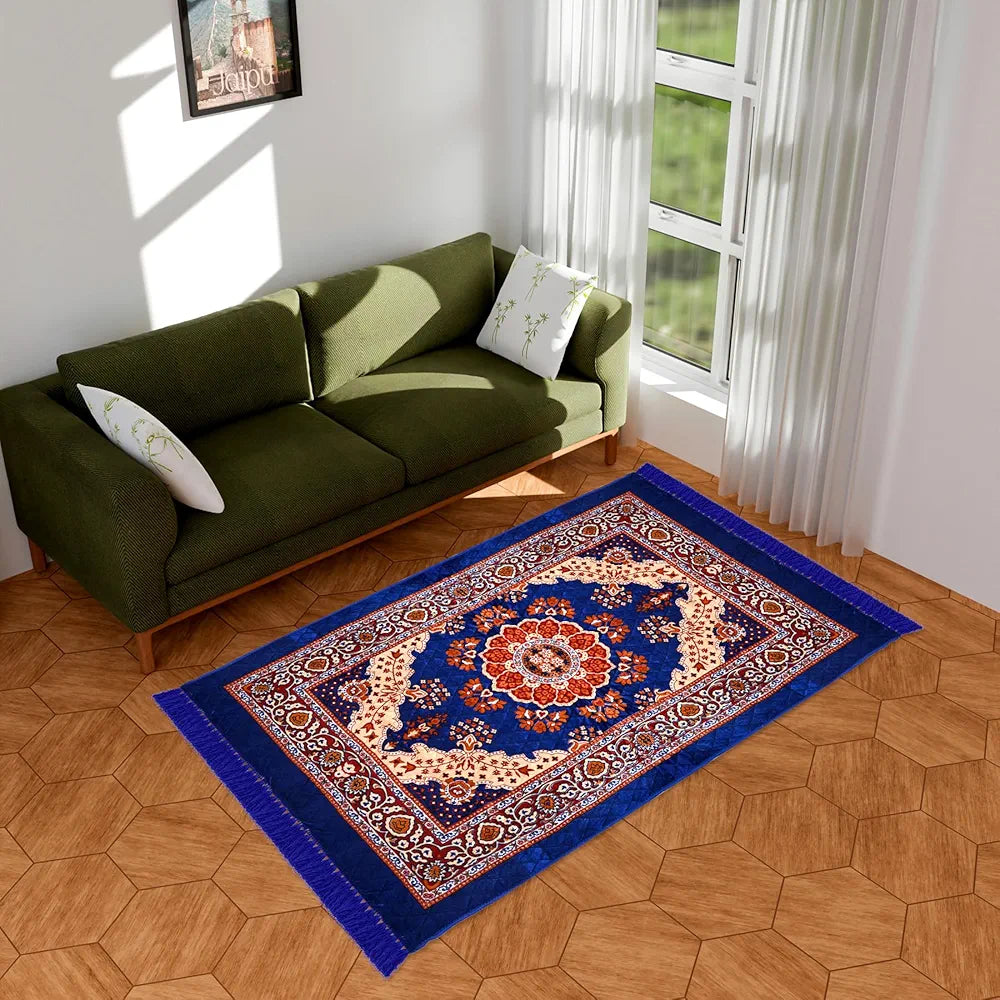 Kuber Industries Carpet | Velvet Carpet-Rug for Home Décor | Carpet Rug for Bedroom | Carpet for Living Room | Prayer-Yoga Mat | Carpet for Hall | 4x6 Ft | Blue