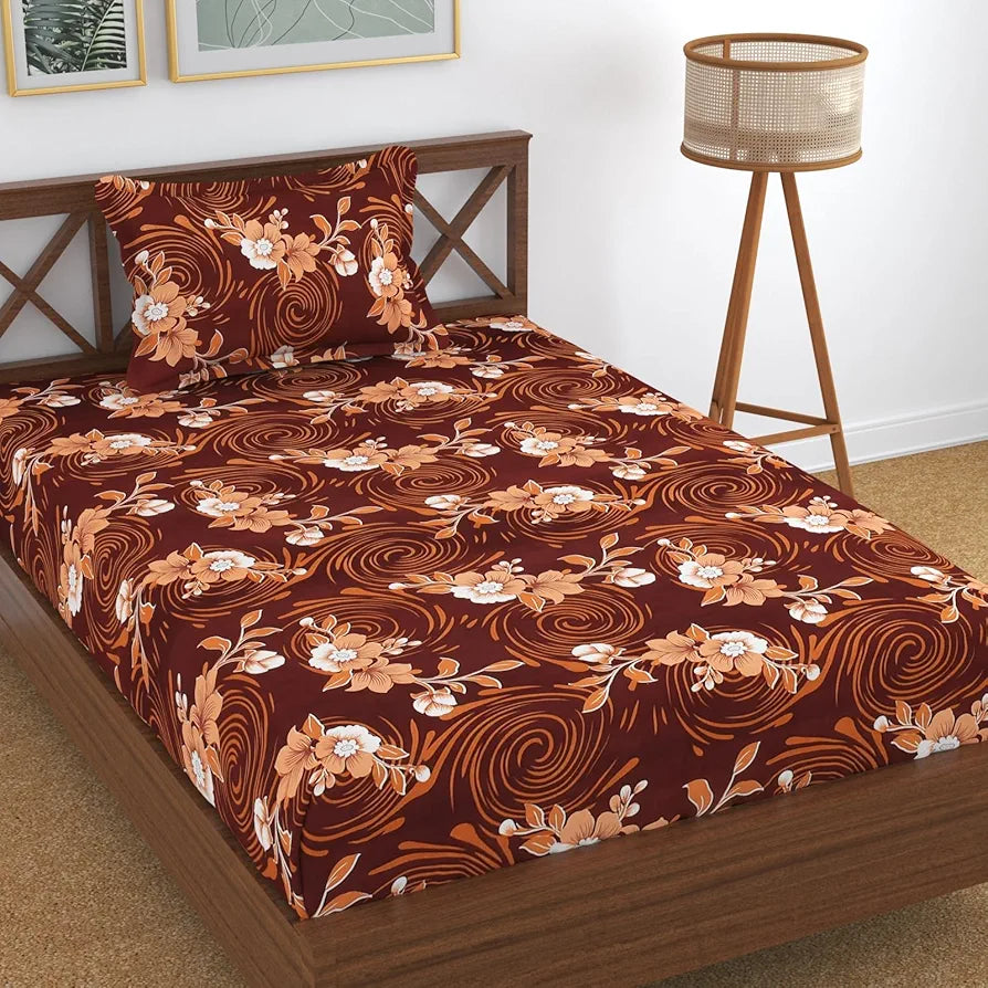 Homefab India 180 TC Microfiber Single BedSheet with 1 Pillow Cover - Brown, Floral