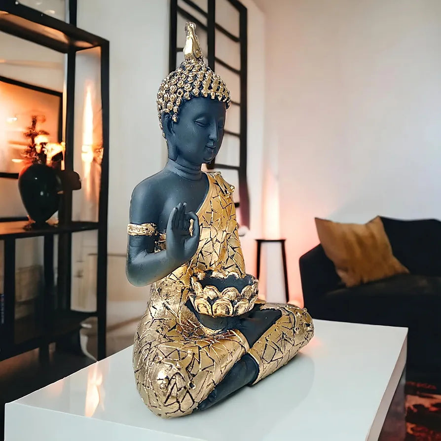 NEELAYA Meditating Buddha Statue with Tealight Candle Holder Polyresin Showpiece for Home Decor Living Room Office Vastu Gift Housewarming 28 cm Black Gold